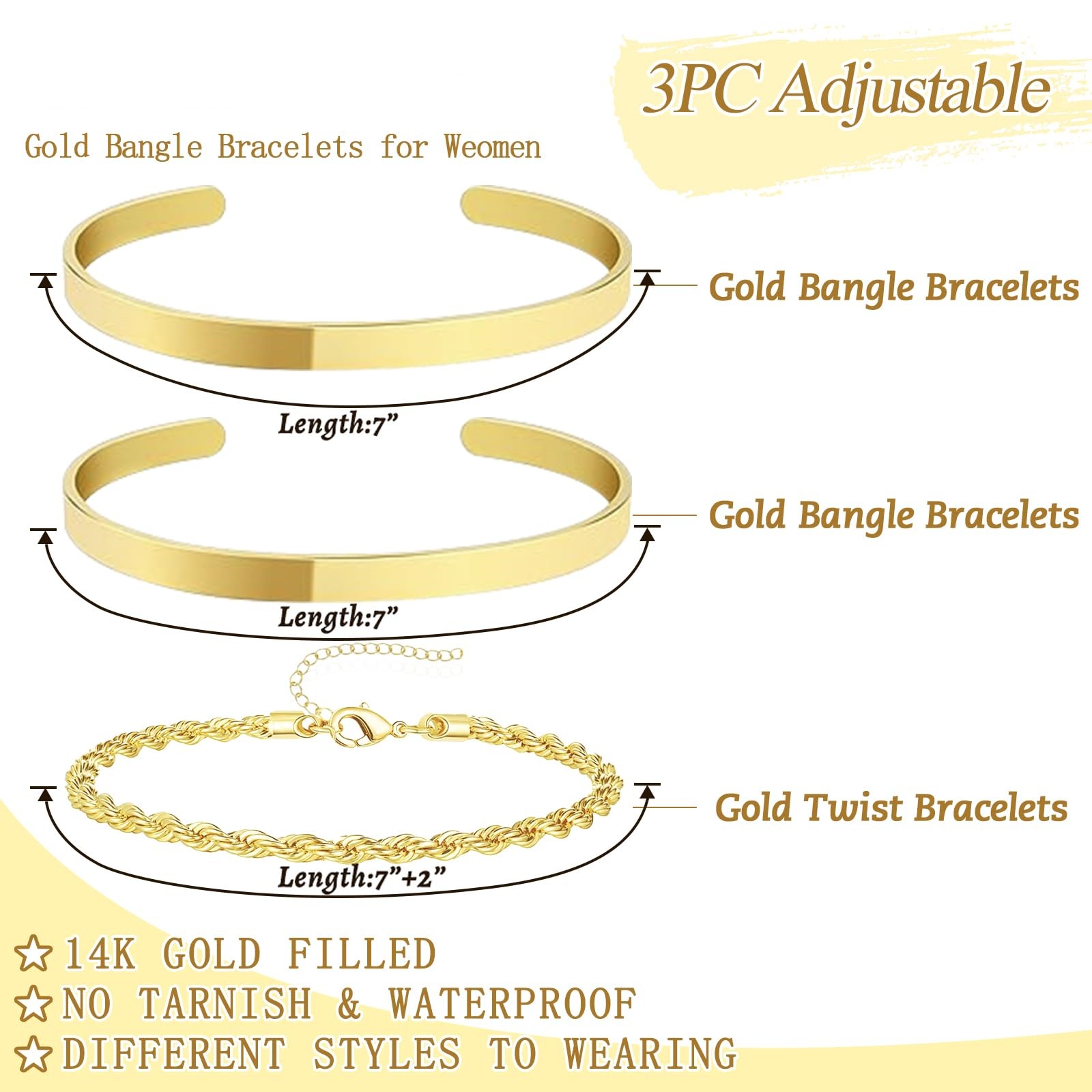 Gold Bracelets for Women Non Tarnish Dainty 14K Real Gold Plated Bangle Cuff Bracelets Stack for Women,Waterproof Stackable Bracelet Gold Jewelry Trendy Gifts Adjustable