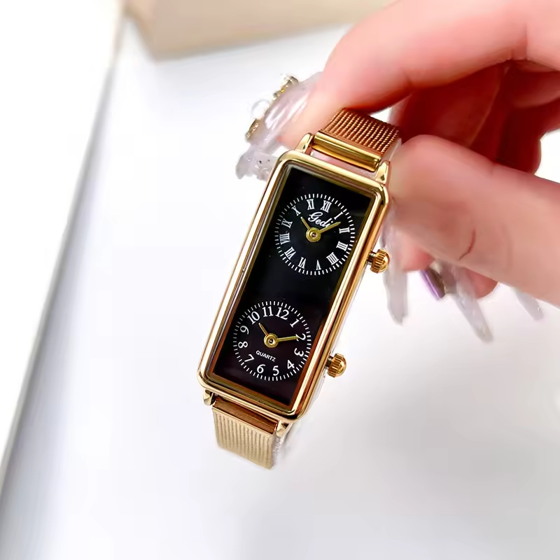 Creative Dual Time Zone Niche Retro Rectangular Women's High-end Dual Movement Waterproof Quartz Watch