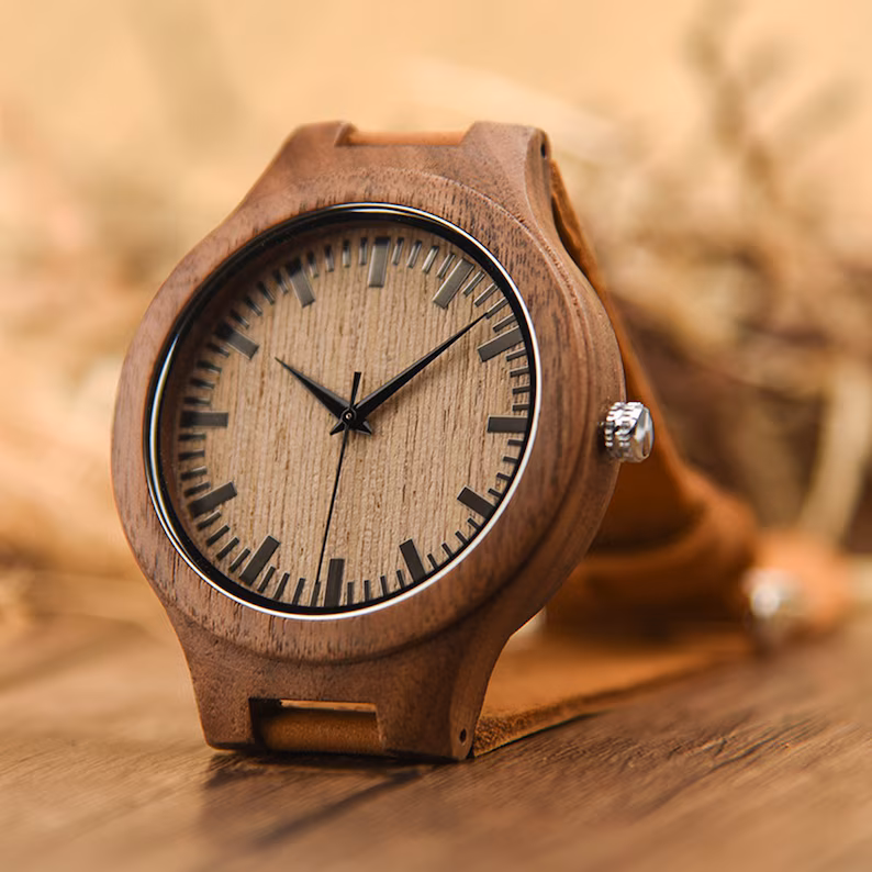 Men's Engraved Wood Watch, Personalized Birthday Christmas Gift for Him, Leather Strap