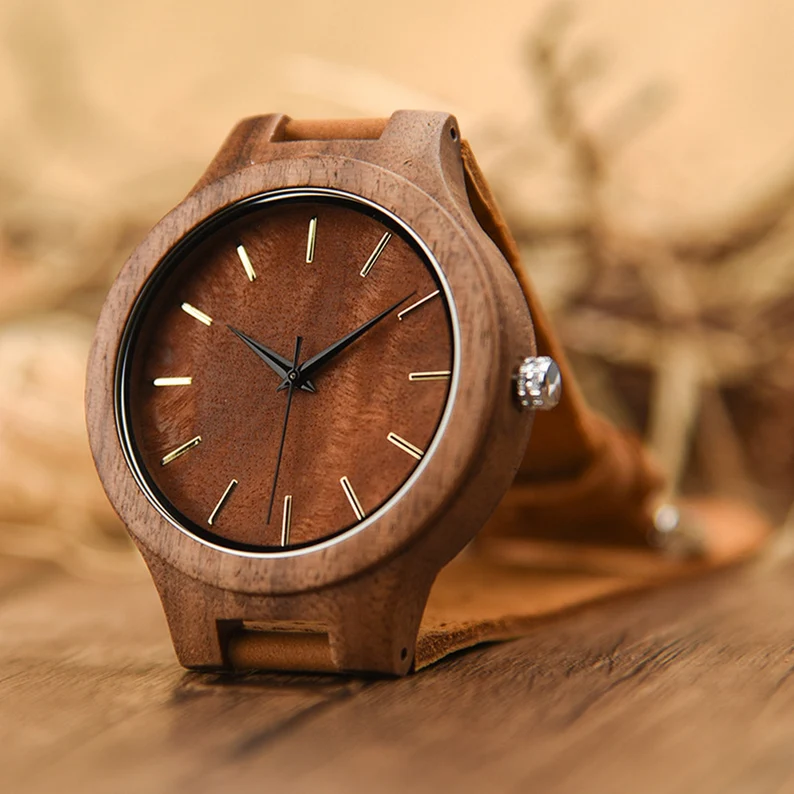 Men's Engraved Wood Watch, Personalized Birthday Christmas Gift for Him, Leather Strap