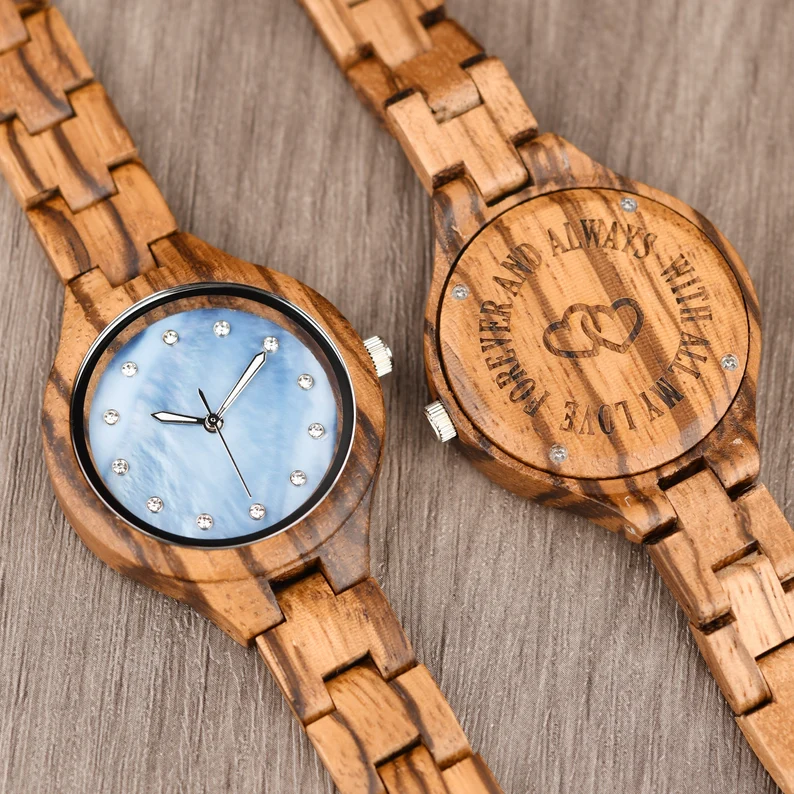 Engraved Zebra Wood Watch for Women, Personalized Anniversary Gift