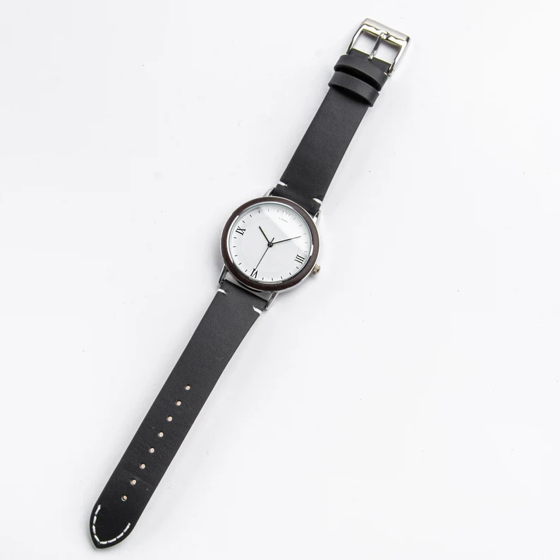 Men's Ebony Wood Watch, Leather Band, Personalized Engraved Gift