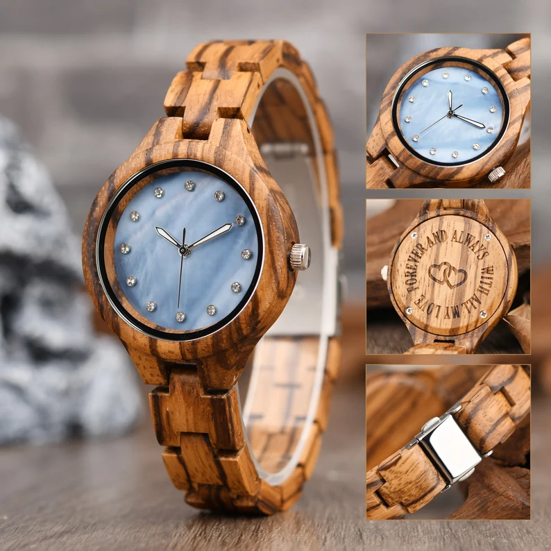 Engraved Zebra Wood Watch for Women, Personalized Anniversary Gift