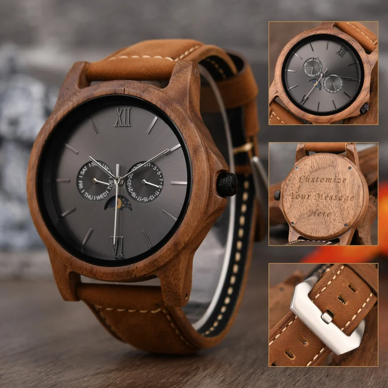 Wood Watch, Custom Mens Watch, Engraved Wood Watch, Walnut Watch with Leather Stap, Anniversary Watch for Him, Moon Phrase Date Week