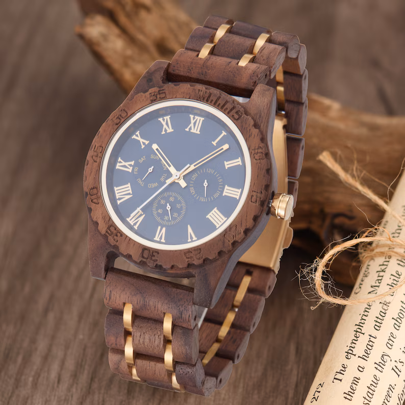 Men's Wood Watch, Engraved Watch, Personalized Watch for Him, Walnut Watch, 5th Anniversary Gift, Birthday Gift for Husband Dad