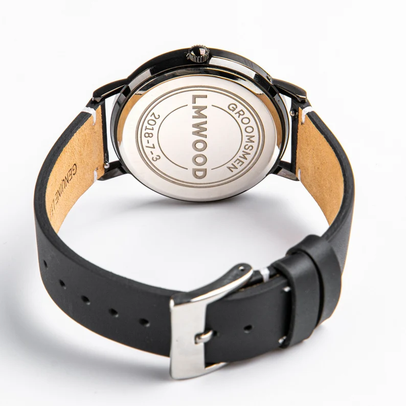 Men's Ebony Wood Watch, Leather Band, Personalized Engraved Gift