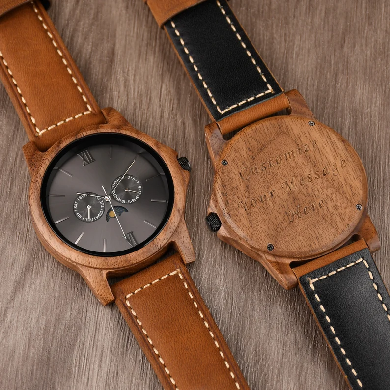 Wood Watch, Custom Mens Watch, Engraved Wood Watch, Walnut Watch with Leather Stap, Anniversary Watch for Him, Moon Phrase Date Week